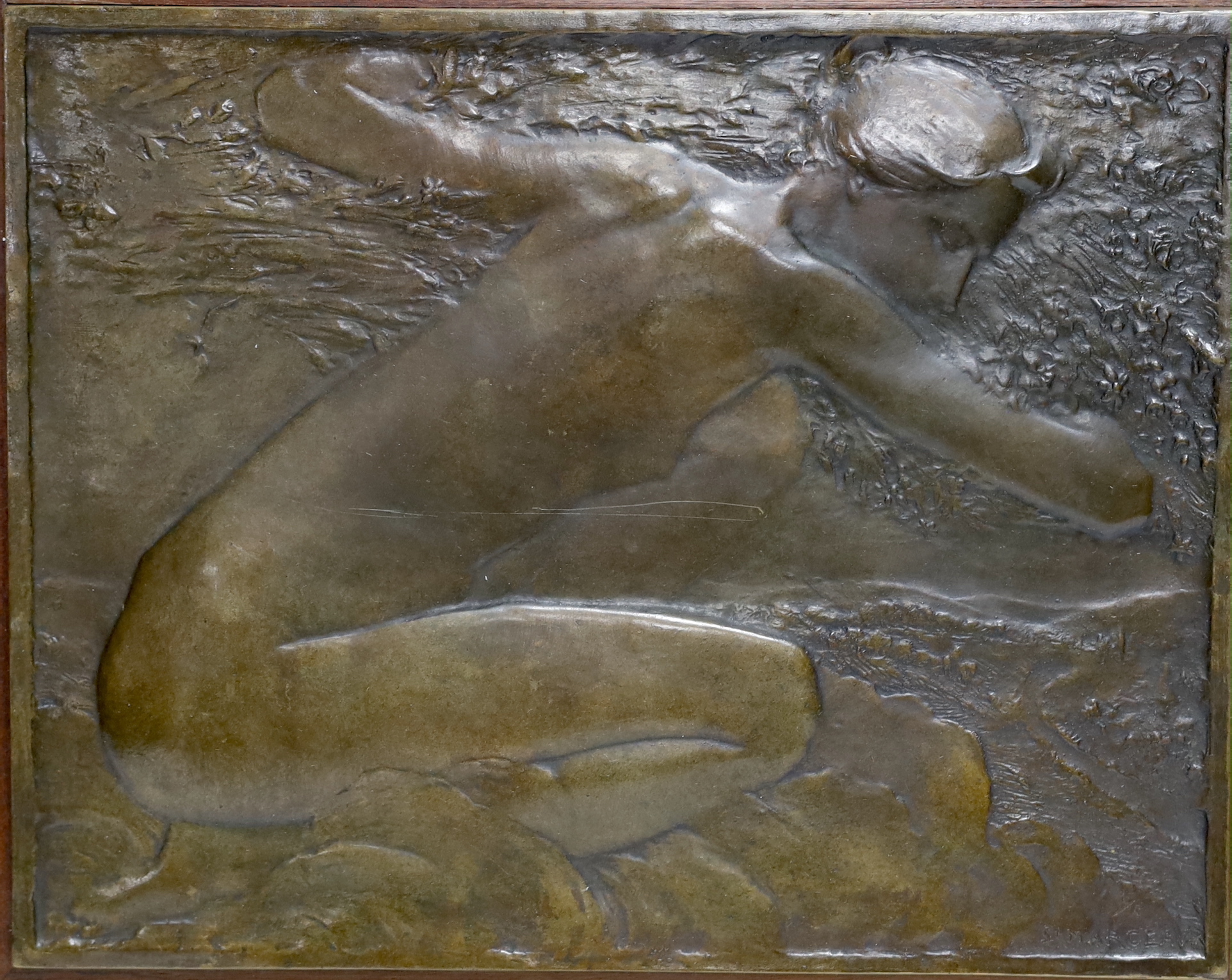S. Marceau (20th. C), a bronze relief plaque, nude female, signed and limited edition 1/10, 32 x 37cm